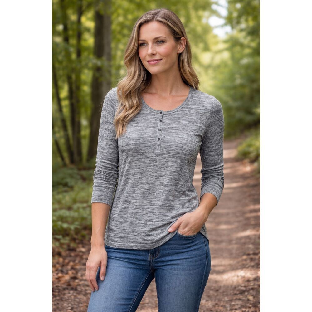 Kuhl Svenna Long Sleeve Spacedye Henley Shirt Size Small Gray Buttoned Outdoors